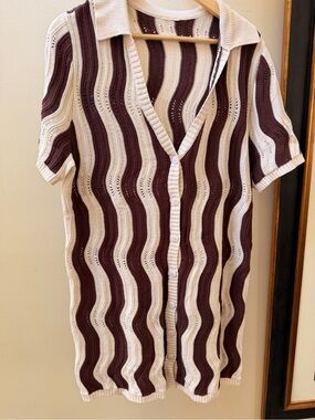 Simons Brown and Cream Wave-Knit Short Sleeve Button-Up Coverup